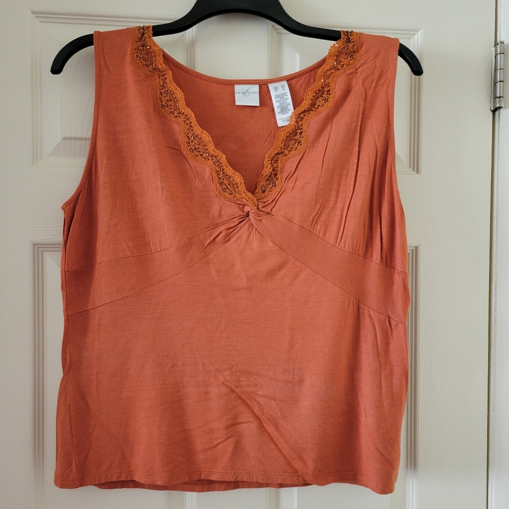 Vintage Emma James XL Orange/Pumpkin Color V-Neck w/beaded scalloped lace